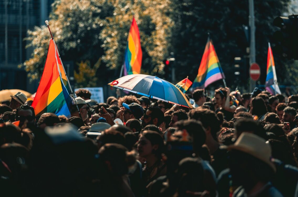 people gathering in a event with flags
